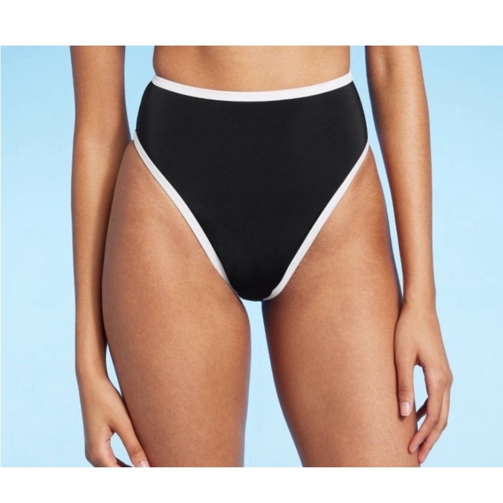 Shade & Shore Womens High Waist High Leg Bikini Bottom‎ Black White XS